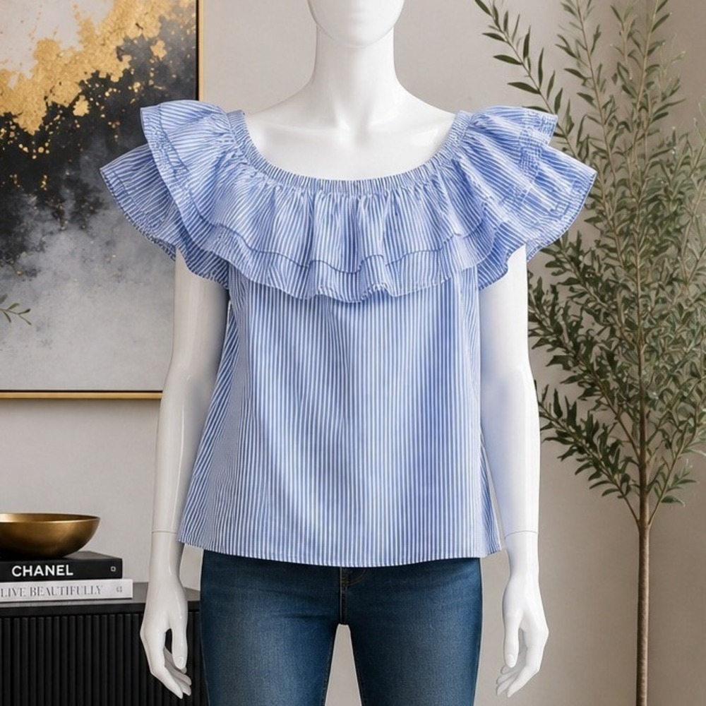 Potter's Pot Women Blouse Blue White Striped Ruffle Off Shoulder Small